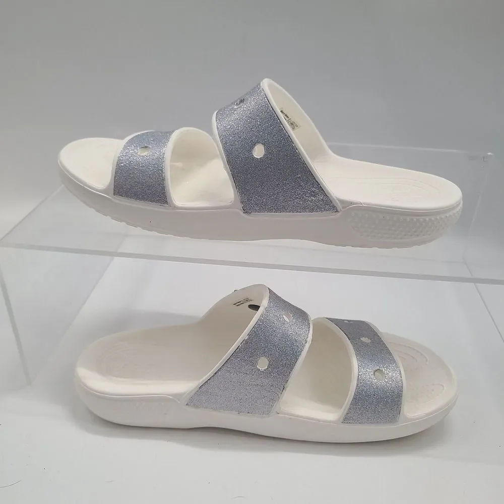 Crocs Classic Silver Glitter Wmn Sz 11 Men 9 Sandal White Double Strap Open Toe